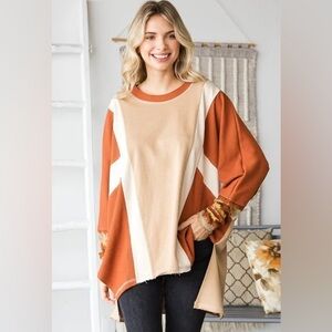 Oli & Hali Tan and Orange Colorblock Blouse